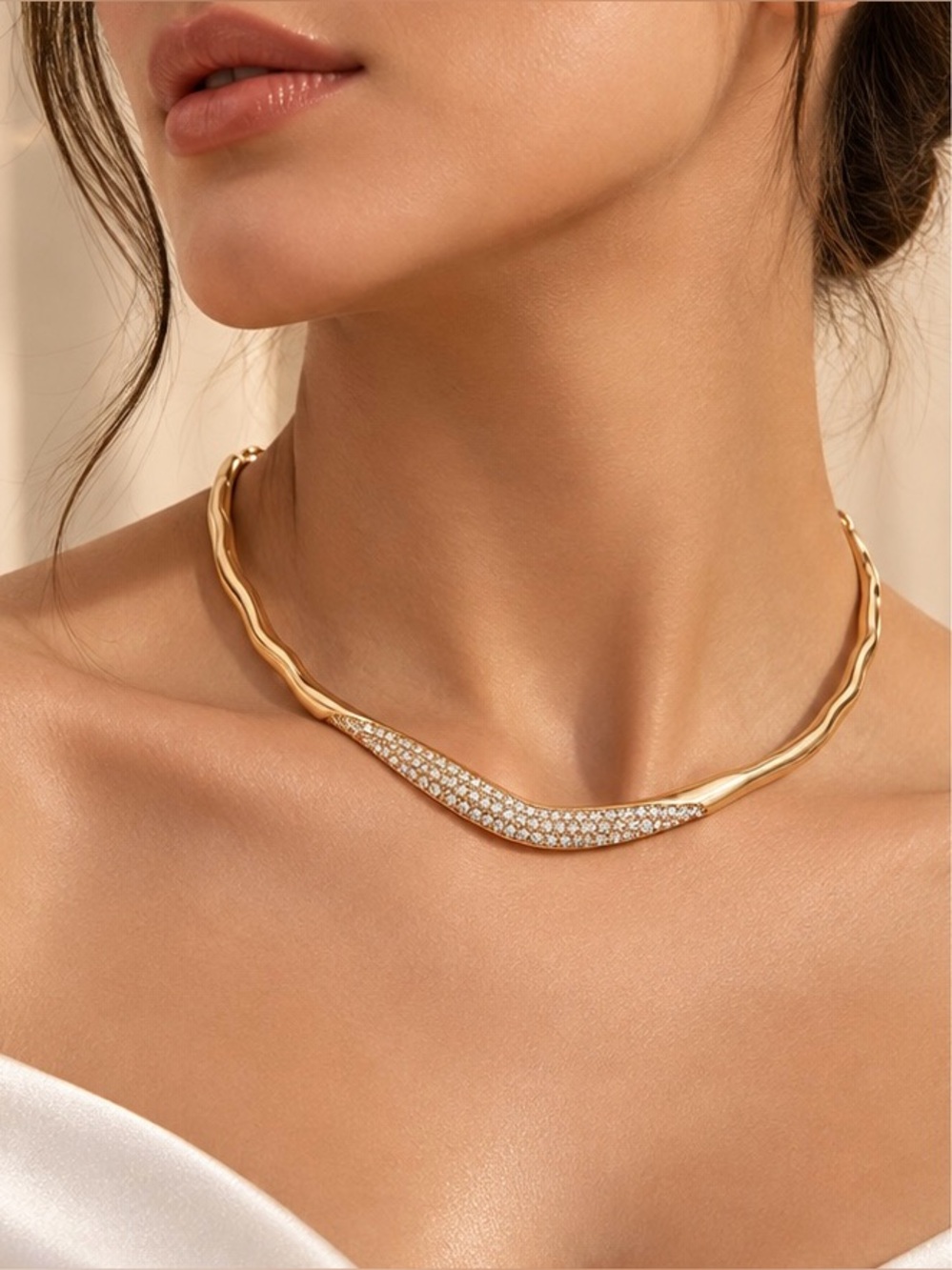 Gold Tone Crystal Collar Necklace Pavé Statement Choker Jewelry